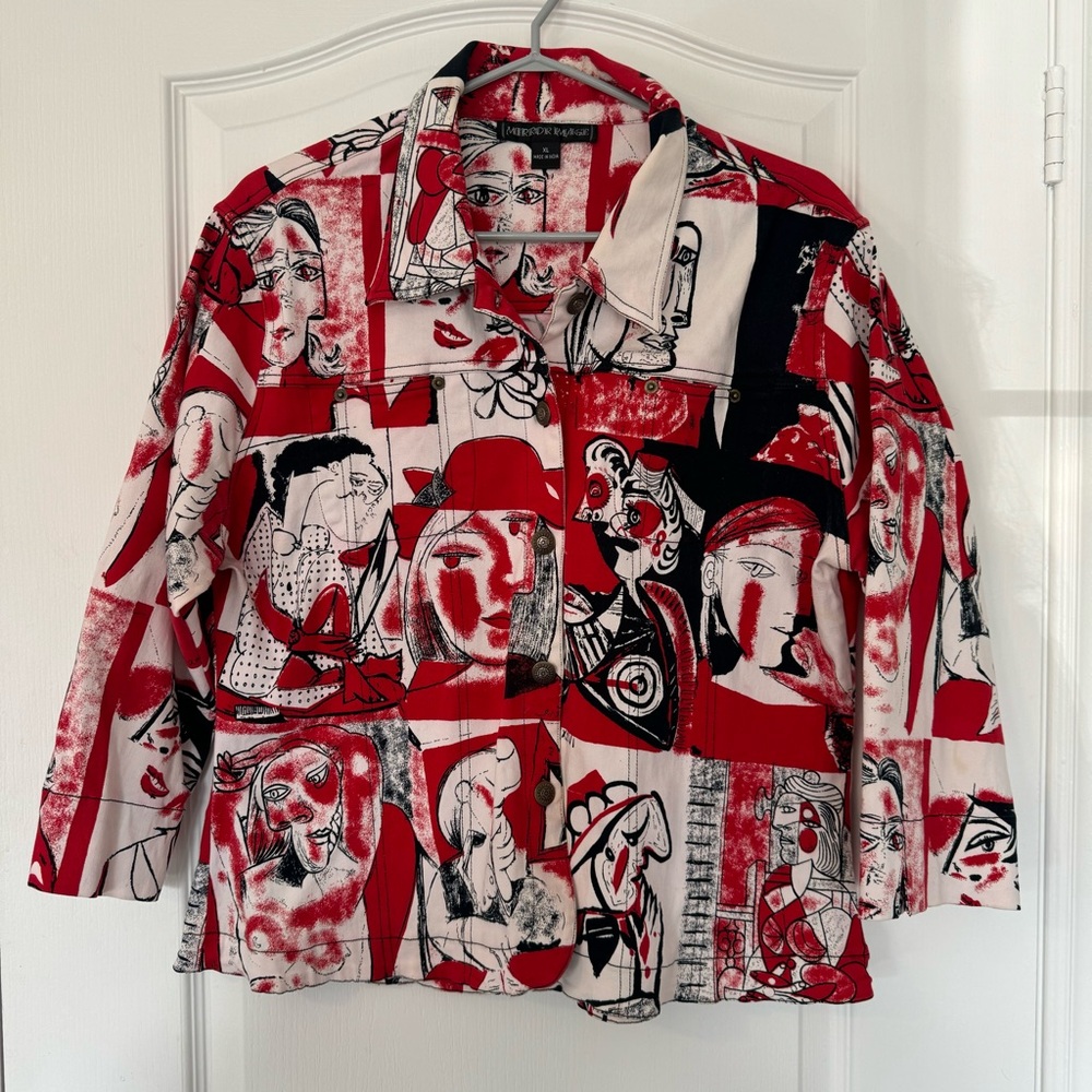 Mirror Image Women’s Picasso XL print stretch denim art fun jacket blazer